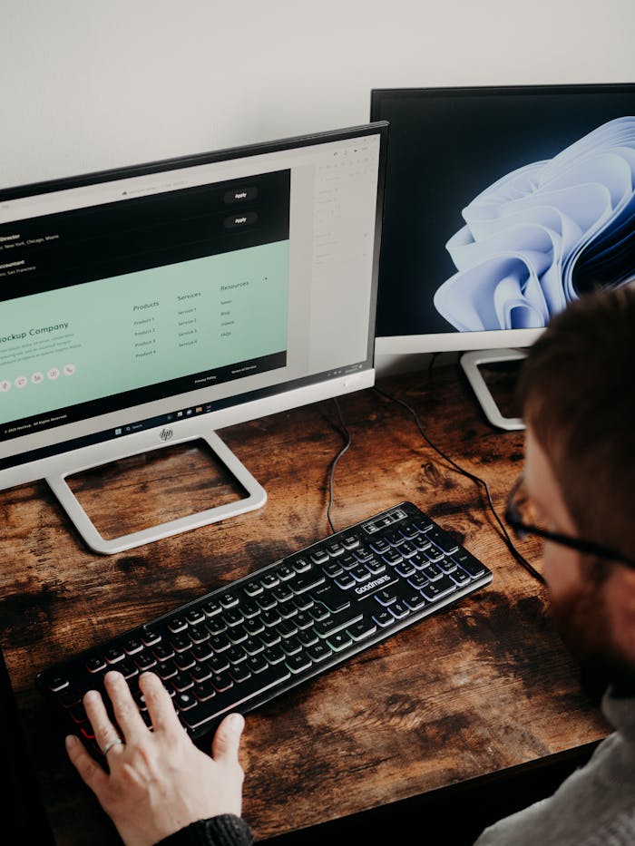 Crafting Captivating Headlines: Your awesome post title goes here Adult man uses dual monitors for web design in a home office setting.